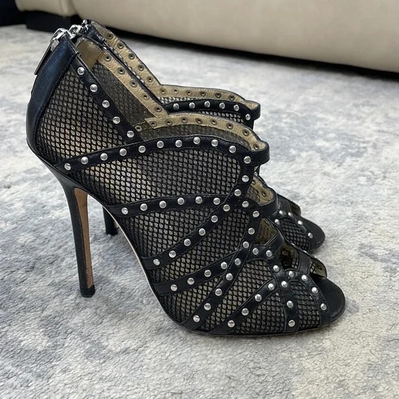 SOLD Jimmy Choo Karina Black Fishnet Studded Calf Leather Cage Heels with Box 37 - Picture 5 of 16